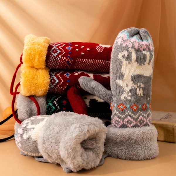 

five fingers gloves christmas deer knitted warm rope full finger mittens plush thickened cycling accessories, Blue;gray