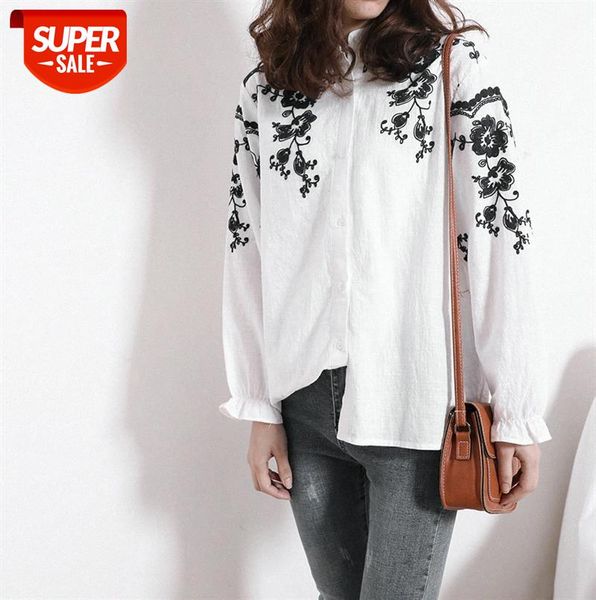 

303-18 mori women's self-made women stand-up collar embroidery flowers loose cotton and linen shirt #fm5n, Black;gray