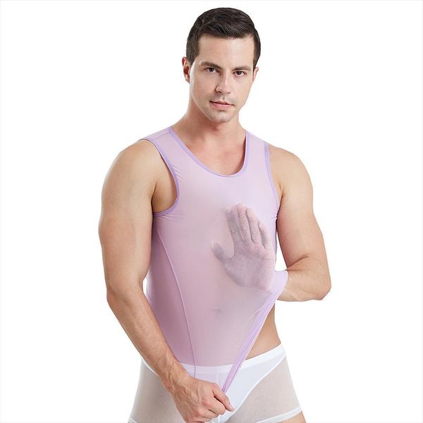 

fashion men sleeveless mesh sheer tank vest outwear gym training fish net hollow out see through top, White;black