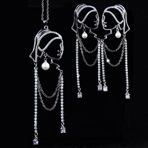 

earrings & necklace 925 silver plated french exquisite zircon pearl long tassel pendant fashion women's jewelry set anniversary gift