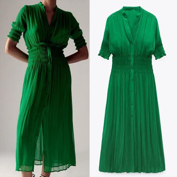 

za pleated green chiffon summer womens dress long elastic waist ruched short sleeve elegant red dresses, Black;gray