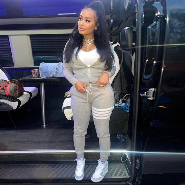 

women's two piece pants sportswear hooded long-sleeved zipper jacket + striped printed jogging autumn suit, White