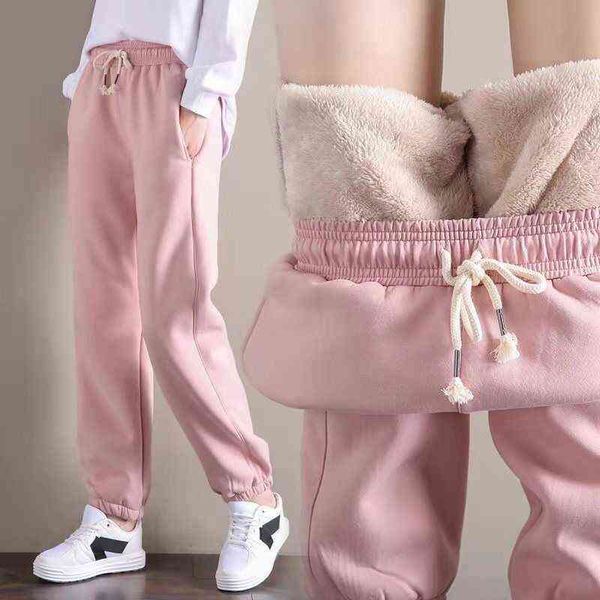 

slim women pant winter cashmere pants warm female casual harem lined fleece trousers autumn sweatpants 211124, Black;white