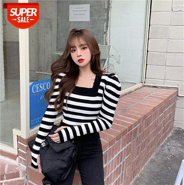 

black and white striped puff sleeve sweater women korean version of the slim-fit inner jacket wild square neck pullover trend #fe7j