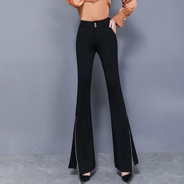 

elegant flare elastic women capri korean black split spring lady trousers fashion waist button full, Black;white