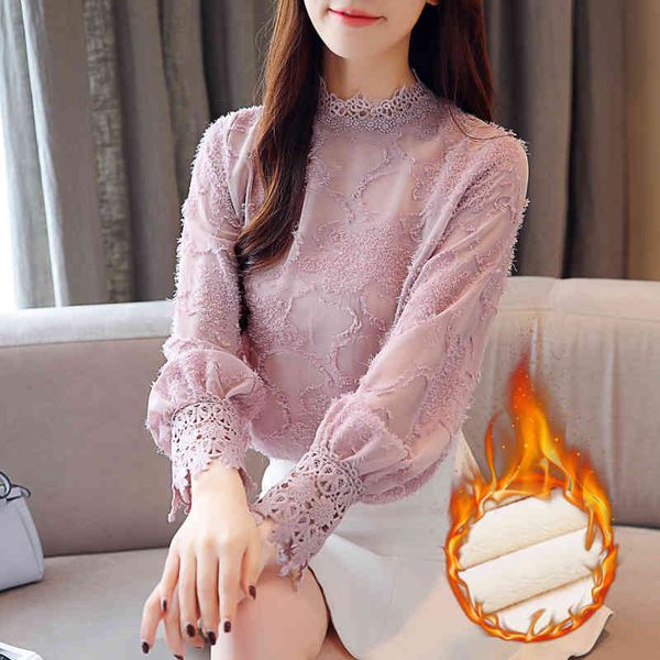 

fashion woman blouse winter thick plus velvet lace chiffon shirt size women long sleeve shirts blusas 31b 210420, White