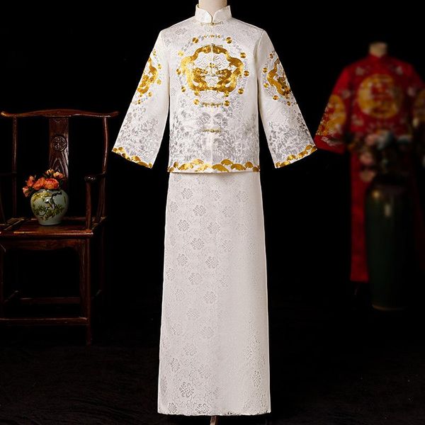 

men chinese qipao novelty groom wedding dress embroidery mandarin collar long cheongsam male ethnic clothing, Red