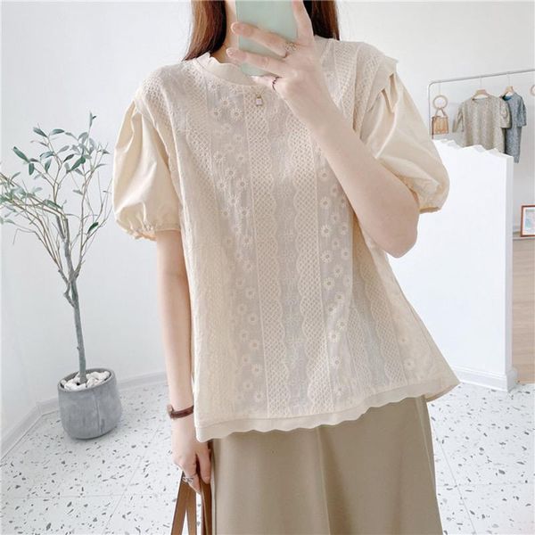 

women's blouses & shirts 2021 japanese style summer lace round neck puff sleeve solid color embroidery blouse fashion loose casual temp, White