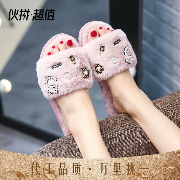 

luxury slippers handmade plush sho one line cotton slippers for women, Black