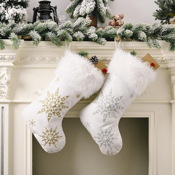

christmas decorations snowflakes white plush candy socks gift bags pearl stockings ornaments tree fireplace decoration