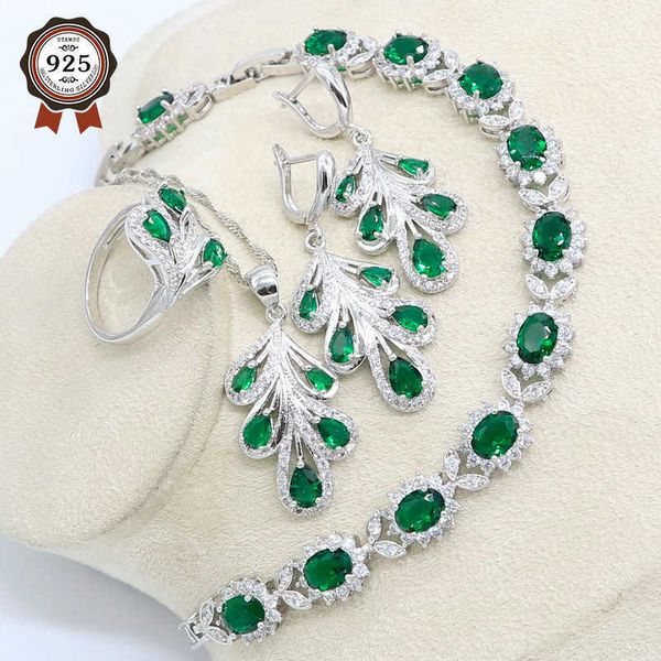 Conjunto de jóias de cor de prata zircão verde traje de cristal branco para mulheres pedras folhas brincos anéis pulseira colar conjunto H1022