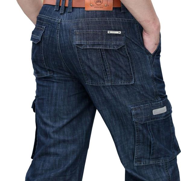 

men's jeans mens cargo denim pants regular loose fit multi pockets classic washed military wear big size 38 40 42, Blue