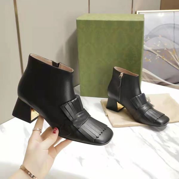 

2021 fashion luxury heels women boot square toes genuine leather button high heeled coarse heel .5cm shoes lady shoe large size us11 35-41, Black