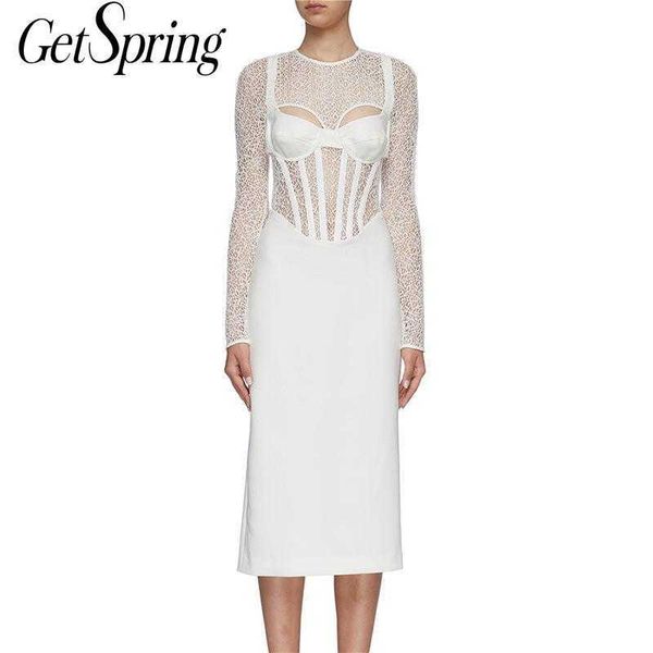 

getspring women dress lace corset dress patchwork hollow out dresses black white long sleeve vintage 210601, Black;gray