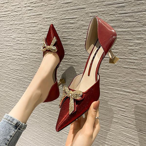 

water diamond fashion celebrity style high heel bride wedding shoes with pointed end and fine satin bridesmaid hollow sandals, Black