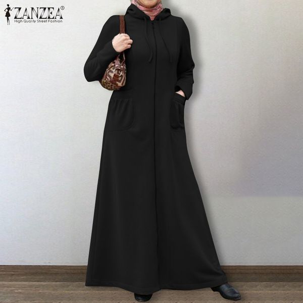 

2021stylish sweatshirt dress womens autumn pullovers zanzea casual muslim maxi vestidos female zipper robe oversized hoodies robe, Black;gray