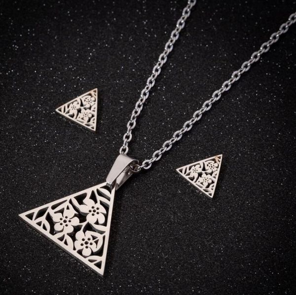 

earrings & necklace triangle gold flowers branch pendants necklaces sets for women gift simple geometric piercing, Silver