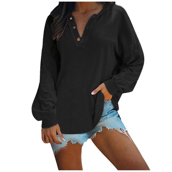 

women's t-shirt women solid color tshirts autumn fashion v-neck long-sleeved button harajuku casual tshirt tee blusas clothing, White