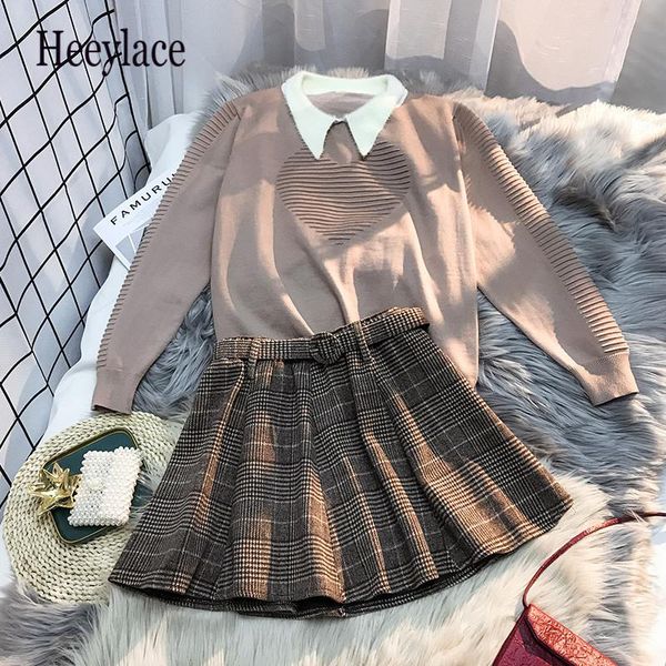 

two piece dress plus size women warm woolen suits winter set love knitting sweater and mini plaid skirt with belt 2 pcs, White