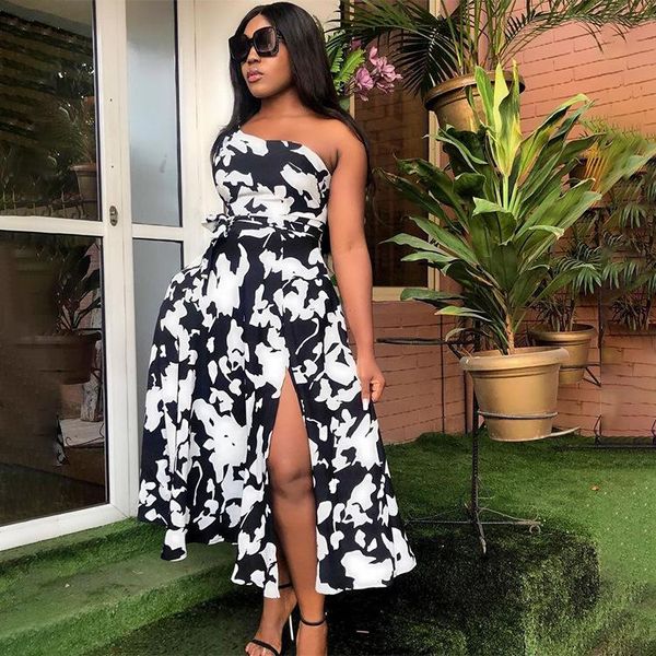 

casual dresses 2021 european and american women's fashion commuting print slits one-shoulder halter belt dress, Black;gray
