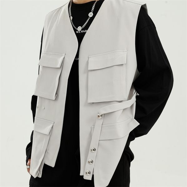 

male streetwear hip hop function vest coat waistcoat men multiple pockets cargo vest sleeveless jacket, Black;brown