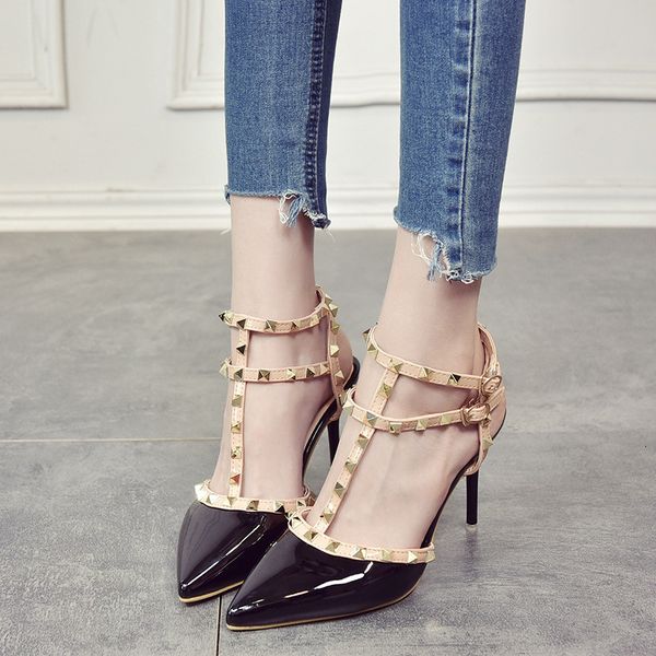 

luxury dress shoes 2021 high thin heels, sho, summer pointed one button sandals, rivet women's sho, Black