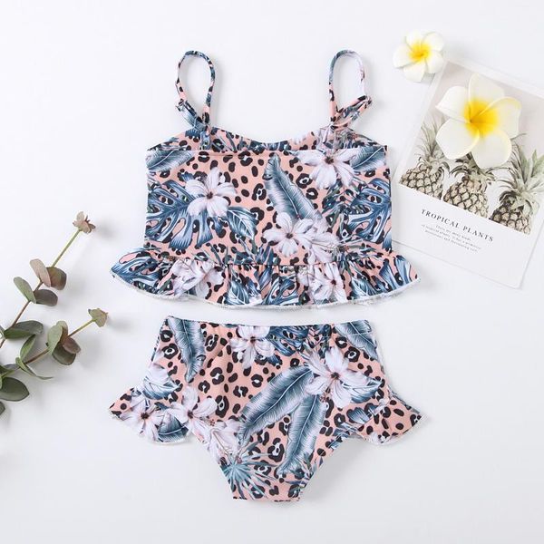 

girls swimwear leopard floral print summer swimsuit ruffled spaghetti strap two-piece bikini swimming beachwear bathing suit one-pieces, Black