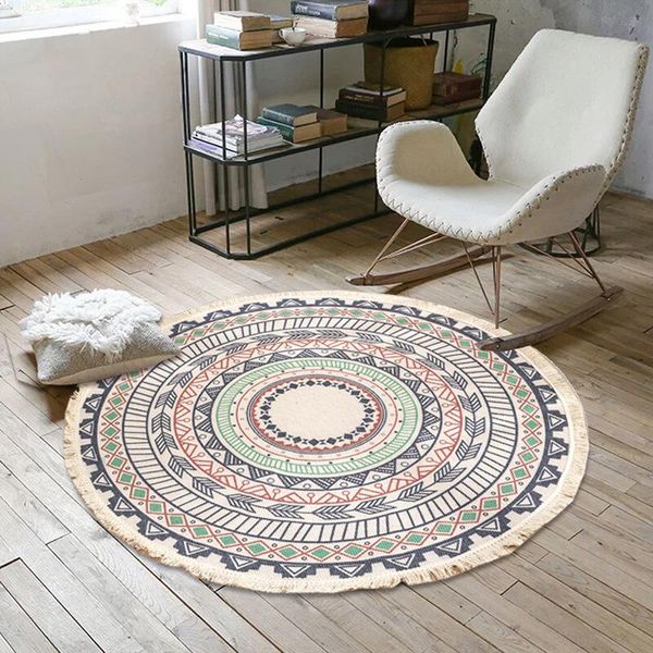 

90cm round carpet mandala parlor bedroom area rugs boho anti-slip water floor mat bohemia ethnic tassel cotton rug home decor carpets