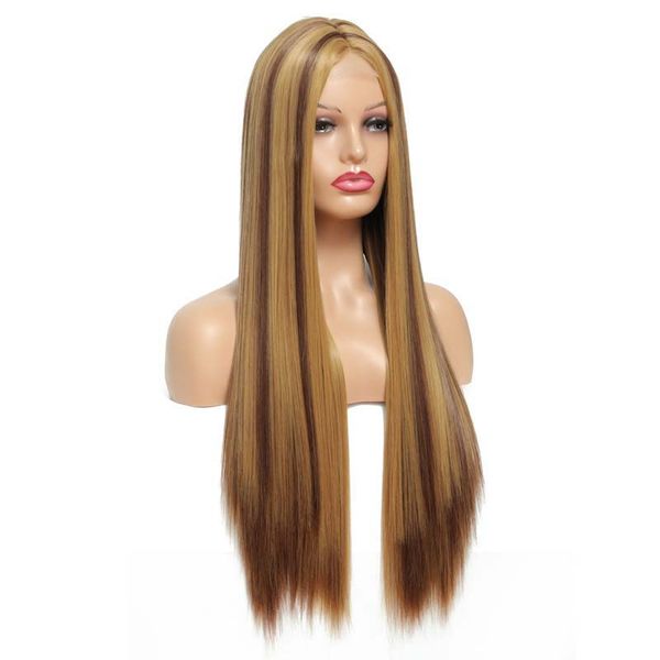 

long straight highlights wigs for women synthetic middle part blonde highlights hair wigs natural looking ombre brown hairfactory direct, Black