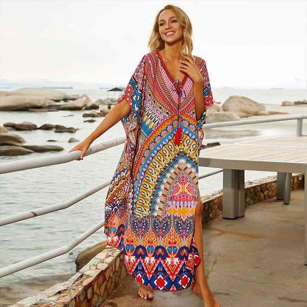 

quick-drying bohemian printed loose summer beach dress moroccan kaftan women plus size beachwear tassel midi dress q897, Black;gray