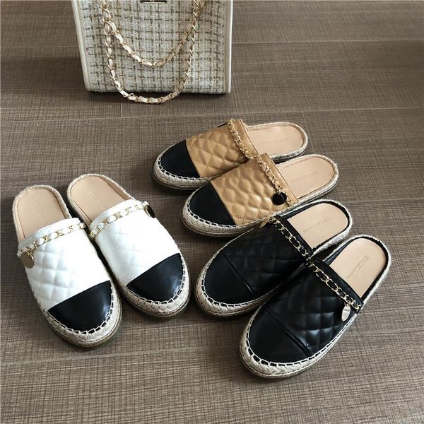 

slippers 2021 summer women's round toe metal chain espadrilles shoes woman pu leather flat loafers slip on mules outside slides, Black