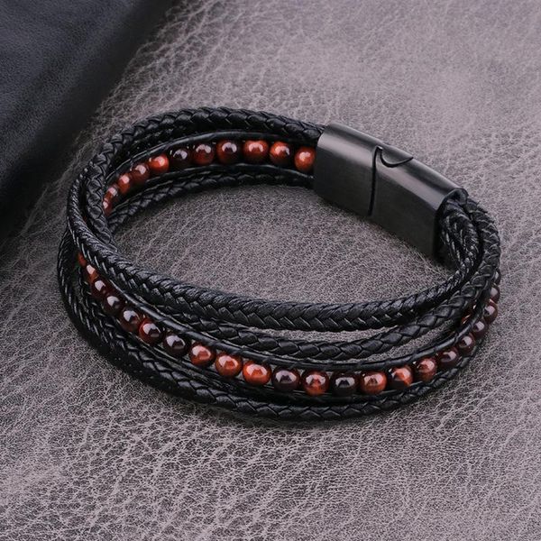 

charm bracelets natural stone beads braided leather rope bracelet men's stainless steel creative multi-layer magnetic buckle, Golden;silver
