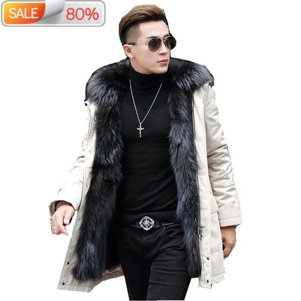 

men's leather & faux real liner winter jacket men raccoon fur collar long coat plus size parkas d-29-w-lp002 nd1174, Black