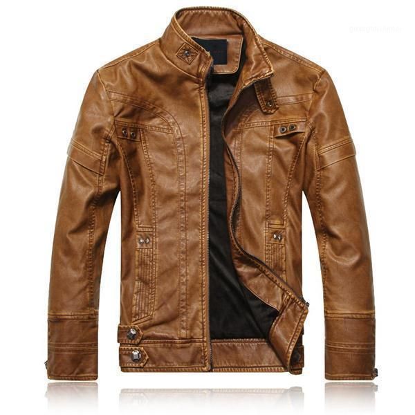 

men's fur & faux brand mens leather jacket spring autumn stand collar pu coat slim short doing old washing bomber suede, Black