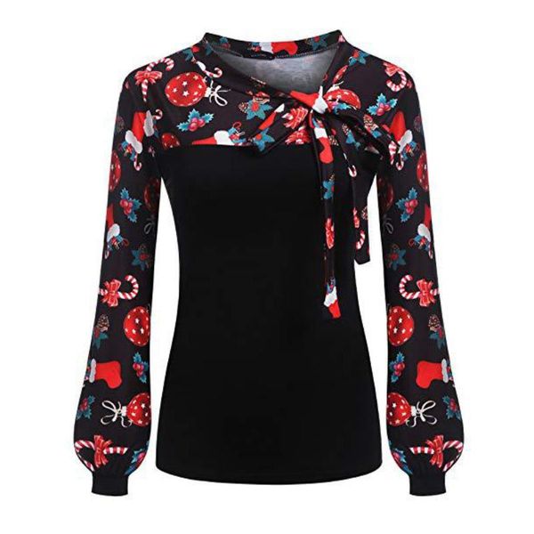 

women's t-shirt aiiou women christmas printing bow tie ribbon formal long sleeve pattern ladies holloween fastival clothes, White