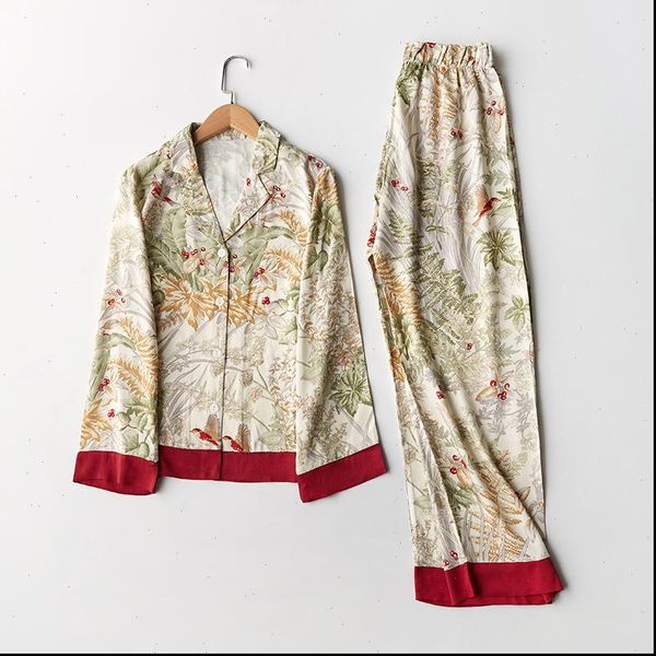 

spring casual long sleeve womens sleepwears satin pajama set green grass printing sleepwear loungewear women turn down collar pijama mujer, Black;red