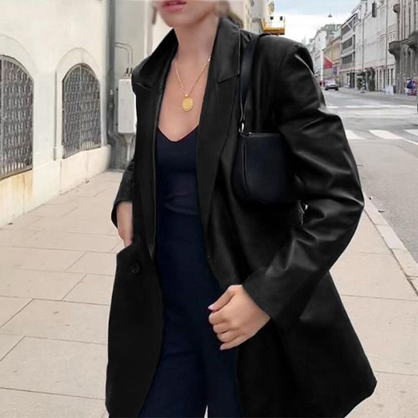 

women's leather & faux pu blazer coat office ladies double breasted jacket long sleeve 2021 autumn chic loose coats cc20211015, Black