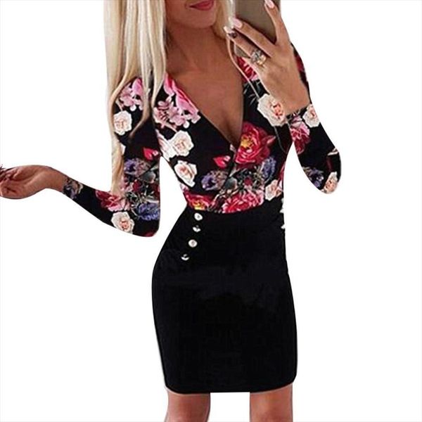 

fashion autumn office flower womens dresses print deep v long sleeve bodycon mini dress, Black;gray