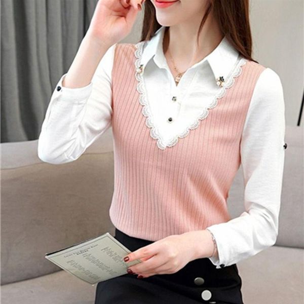 

women's blouses & shirts 2021 spring autumn women fleece bottoming blouse female patchwork lace shirt turn-down collar lapel long sleev, White