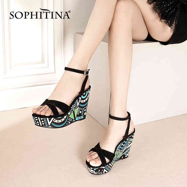 

sophitina thick-soled heightening sandals fashion color matching pattern ankle buckle shoes wedge summer women's shoes ao550 210513, Black