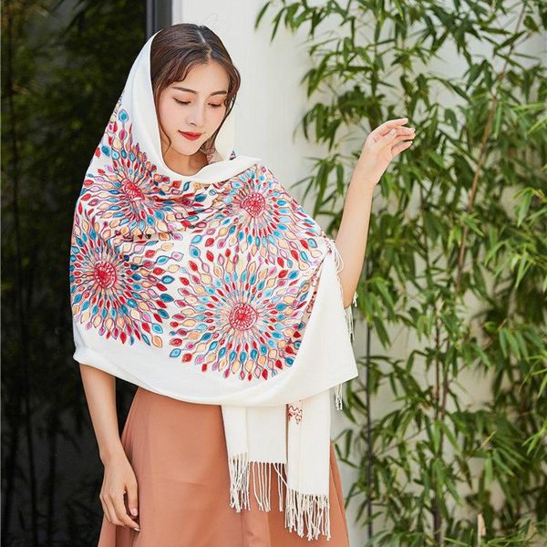 

scarves women thick cashmere tibetan nepal sun flower scarf embroidery elegant tassel long shawl warm pashmina knitted ladies, Blue;gray