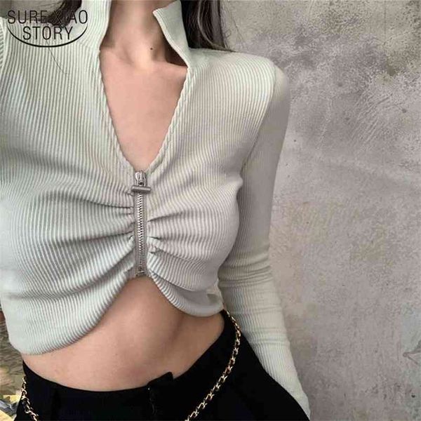 

spring autumn korean short sweater polo collar zipper long sleeve slim coat women streewear crop 210421, White;black