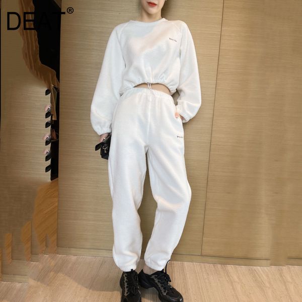 

[deat] o-neck collar long sleeve leisure sports suit women short high waist casual pants spring and summer gx726 210428, White