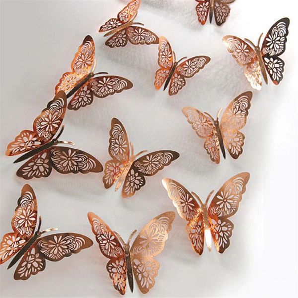 

decorative flowers & wreaths 12pcs 4d wall stickers hollow rose gold/golden/silver butterfly diy art home decor decals wedding decoration