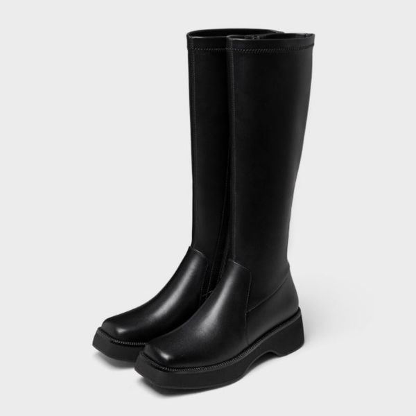 

new knee high boots woman real leather square toe winter shoes women fashion club long boots footwear size 34-39, Black