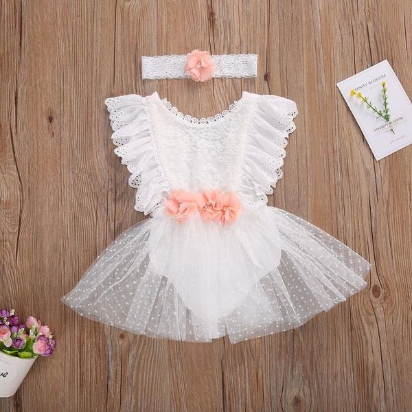 

girl's dresses born baby girls white romper infant sleeveless lace flower one-piece round neck + headwear for 0-24 months, Red;yellow