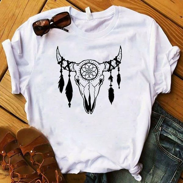 

cow horn cattle skull womens t shirt flower summer graphic printed short sleeve female, White