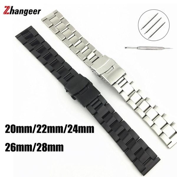 

watch bands band 20mm 22mm 24mm 26mm 28mm bracelet solid stainless steel replacement watches strap double lock buckle wristband, Black;brown
