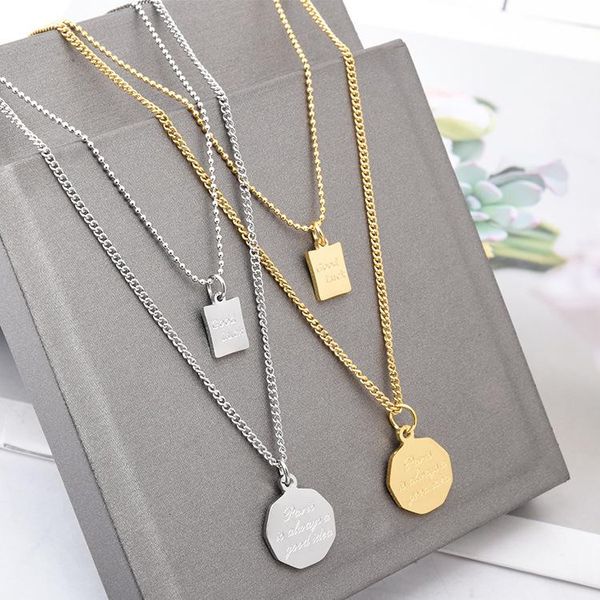 

pendant necklaces european style trendy lucky square brand geometric round letter necklace double stainless steel jewelry, Silver
