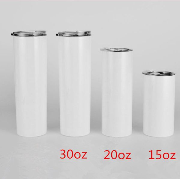 

15/20/30 oz sublimation straight tumblers blanks white stainless steel insulted water cup with straw and lid diy heat transfer gifts